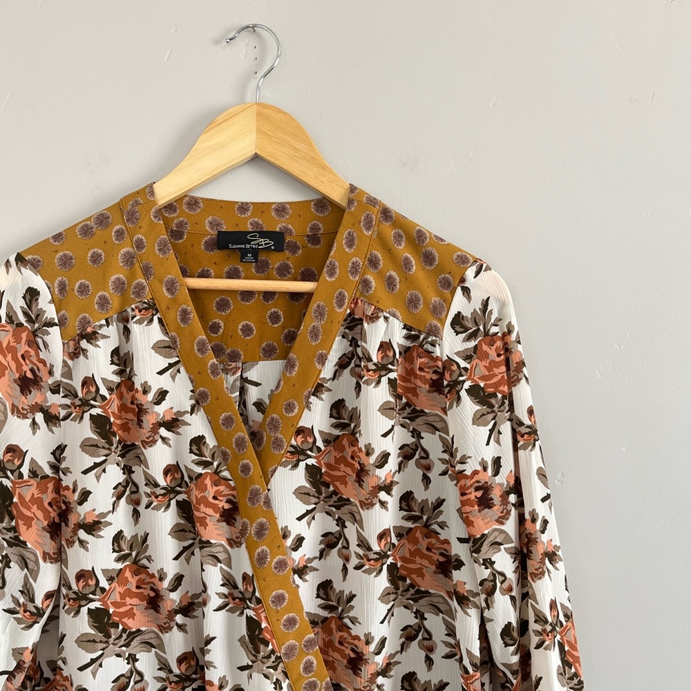 Suzanne Betro | Floral Yellow & White Ladies Faux Wrap Style Blouse
